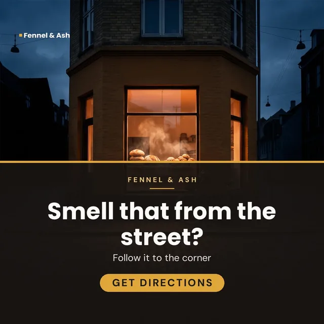 Fennel & Ash ad for Meta Feed square (1:1), interrogative framing: "Smell that from the street?", call to action "Get directions"