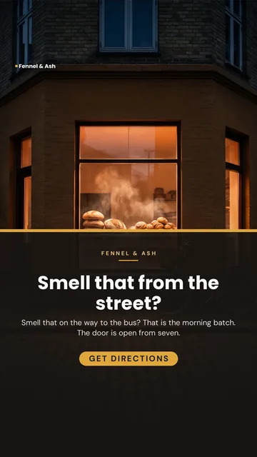 Fennel & Ash ad for Meta Story / Reel (9:16), interrogative framing: "Smell that from the street?", call to action "Get directions"