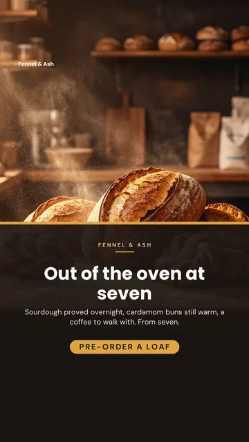Fennel & Ash ad for Meta Story / Reel (9:16), positive framing: "Out of the oven at seven", call to action "Pre-order a loaf"
