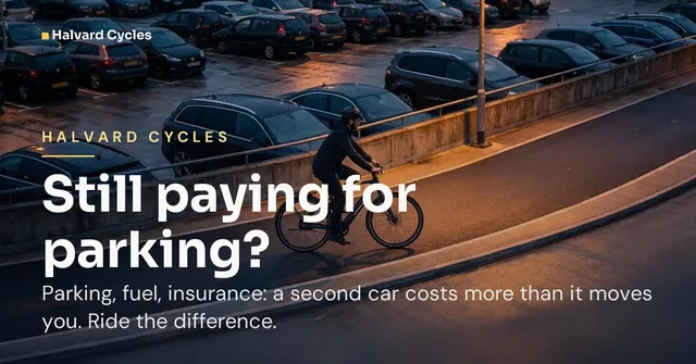 Halvard Cycles ad for Google Responsive Display (landscape) (1.91:1), negative framing: "Still paying for parking?"