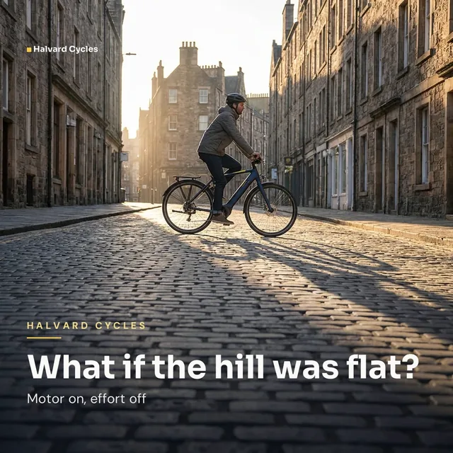 Halvard Cycles ad for Meta Carousel card (1:1), interrogative framing: "What if the hill was flat?"