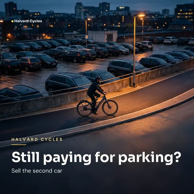 Halvard Cycles ad for Meta Carousel card (1:1), negative framing: "Still paying for parking?"