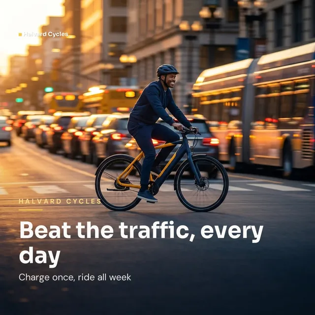 Halvard Cycles ad for Meta Carousel card (1:1), positive framing: "Beat the traffic, every day"
