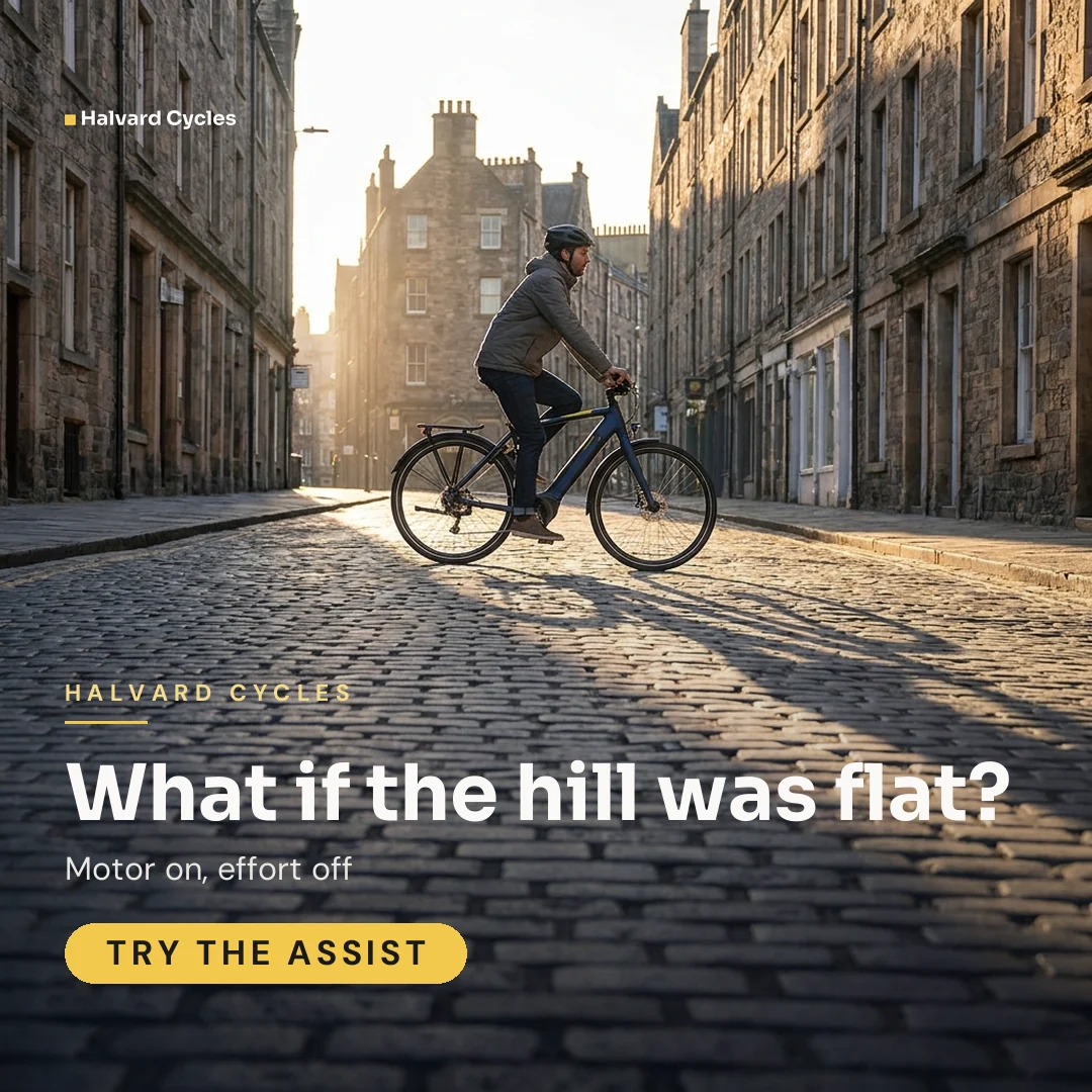 Halvard Cycles ad for Meta Feed square (1:1), interrogative framing: "What if the hill was flat?", call to action "Try the assist"