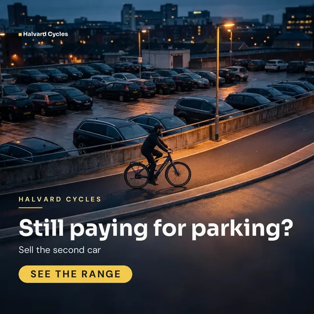 Halvard Cycles ad for Meta Feed square (1:1), negative framing: "Still paying for parking?", call to action "See the range"