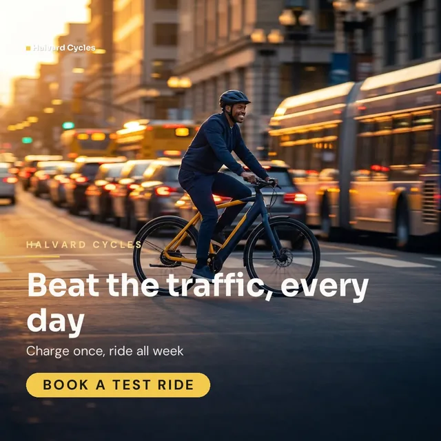 Halvard Cycles ad for Meta Feed square (1:1), positive framing: "Beat the traffic, every day", call to action "Book a test ride"