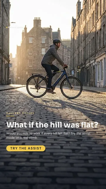 Halvard Cycles ad for Meta Story / Reel (9:16), interrogative framing: "What if the hill was flat?", call to action "Try the assist"