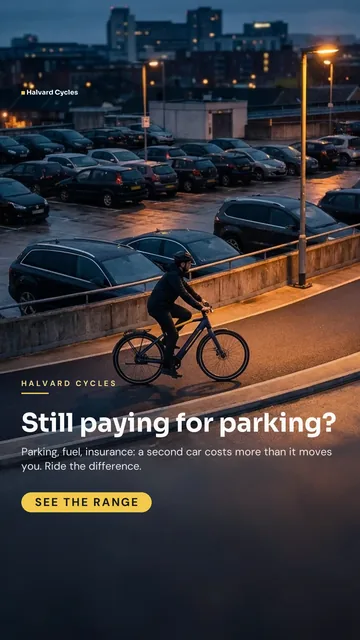 Halvard Cycles ad for Meta Story / Reel (9:16), negative framing: "Still paying for parking?", call to action "See the range"