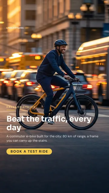 Halvard Cycles ad for Meta Story / Reel (9:16), positive framing: "Beat the traffic, every day", call to action "Book a test ride"
