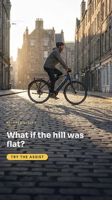 Halvard Cycles ad for TikTok In-feed (9:16), interrogative framing: "What if the hill was flat?", call to action "Try the assist"