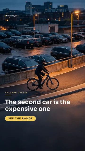 Halvard Cycles ad for TikTok In-feed (9:16), negative framing: "The second car is the expensive one", call to action "See the range"