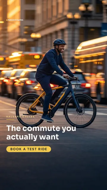 Halvard Cycles ad for TikTok In-feed (9:16), positive framing: "The commute you actually want", call to action "Book a test ride"
