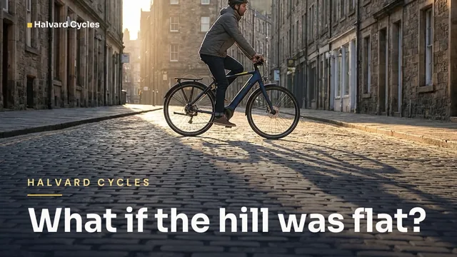 Halvard Cycles ad for X Feed image (16:9), interrogative framing: "What if the hill was flat?"