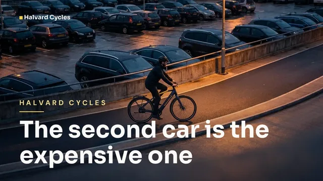 Halvard Cycles ad for X Feed image (16:9), negative framing: "The second car is the expensive one"