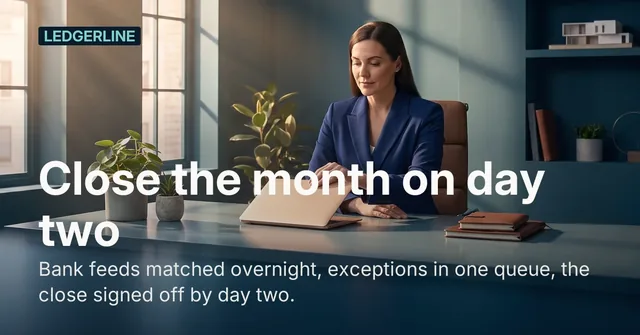 Ledgerline ad for Google Responsive Display (landscape) (1.91:1), positive framing: "Close the month on day two"