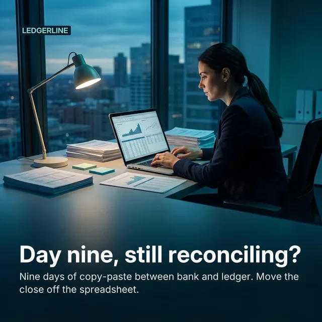 Ledgerline ad for Google Responsive Display (square) (1:1), negative framing: "Day nine, still reconciling?"