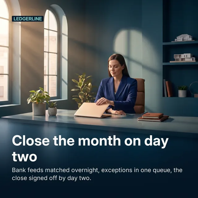 Ledgerline ad for Google Responsive Display (square) (1:1), positive framing: "Close the month on day two"