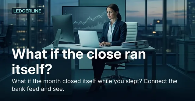 Ledgerline ad for LinkedIn Single image (1.91:1), interrogative framing: "What if the close ran itself?"
