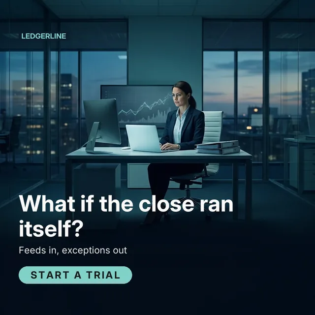 Ledgerline ad for Meta Feed square (1:1), interrogative framing: "What if the close ran itself?", call to action "Start a trial"