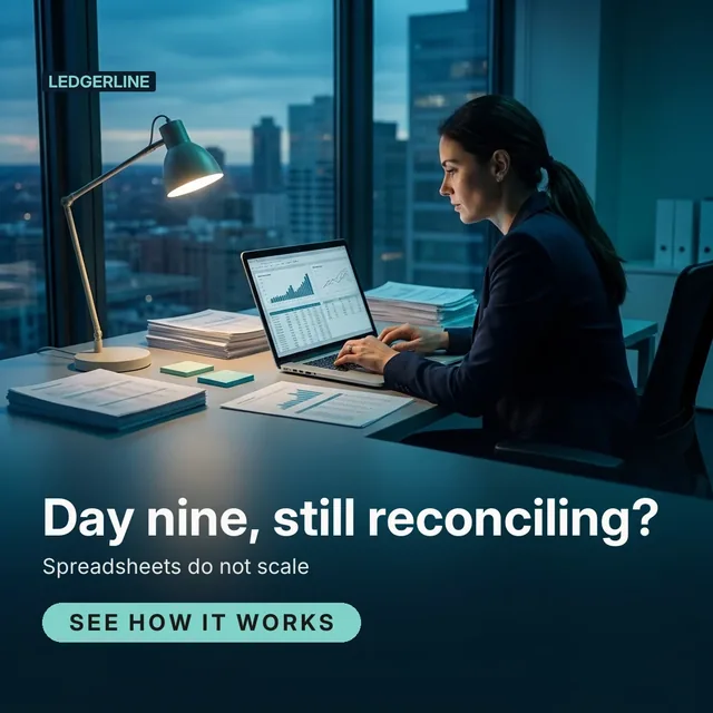 Ledgerline ad for Meta Feed square (1:1), negative framing: "Day nine, still reconciling?", call to action "See how it works"