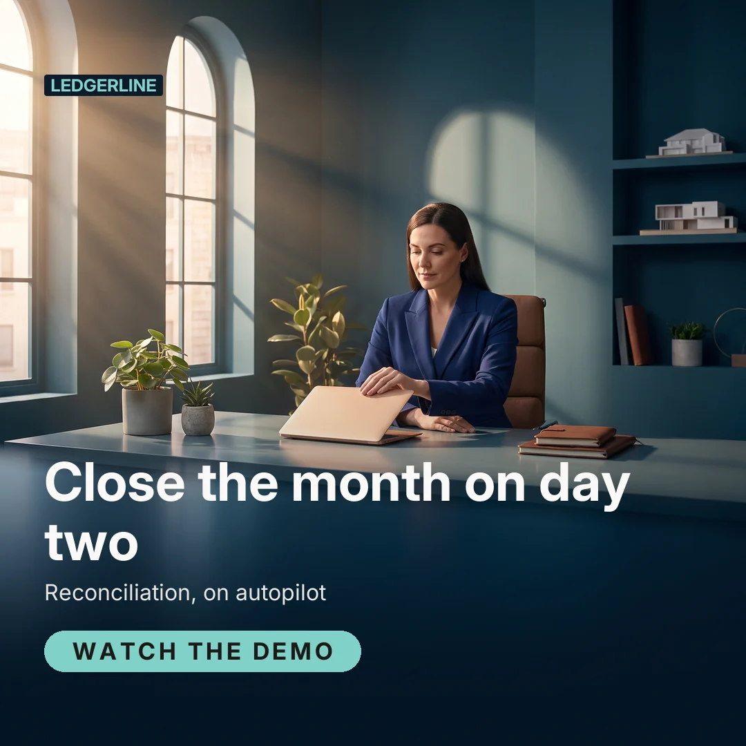 Ledgerline ad for Meta Feed square (1:1), positive framing: "Close the month on day two", call to action "Watch the demo"