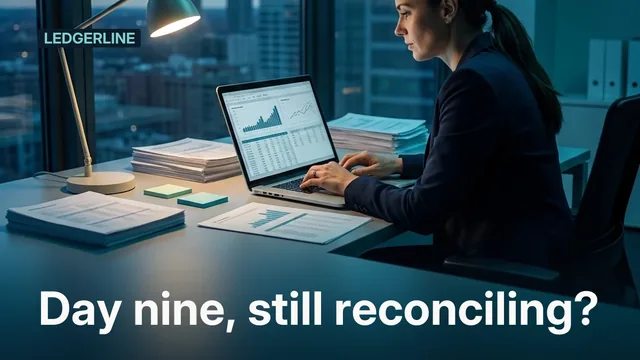 Ledgerline ad for X Feed image (16:9), negative framing: "Day nine, still reconciling?"