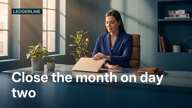 Ledgerline ad for X Feed image (16:9), positive framing: "Close the month on day two"