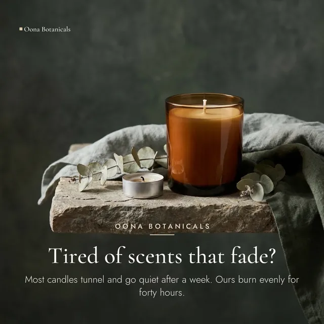 Oona Botanicals ad for Google Responsive Display (square) (1:1), negative framing: "Tired of scents that fade?"