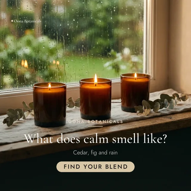 Oona Botanicals ad for Meta Feed square (1:1), interrogative framing: "What does calm smell like?", call to action "Find your blend"