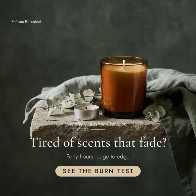 Oona Botanicals ad for Meta Feed square (1:1), negative framing: "Tired of scents that fade?", call to action "See the burn test"