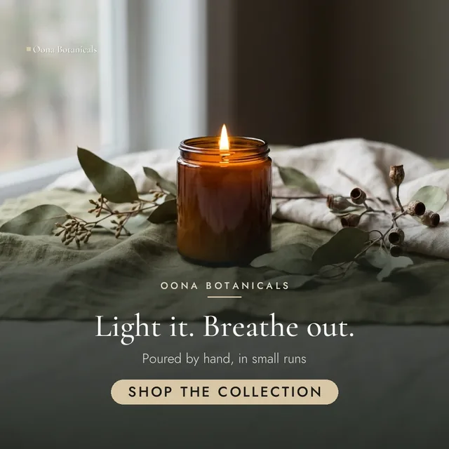 Oona Botanicals ad for Meta Feed square (1:1), positive framing: "Light it. Breathe out.", call to action "Shop the collection"
