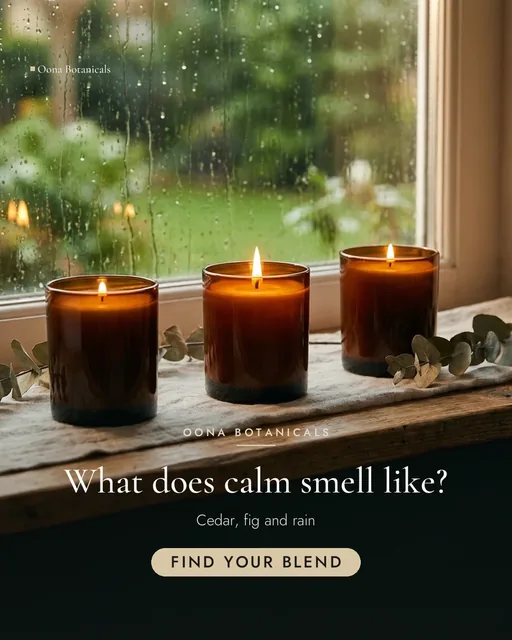 Oona Botanicals ad for Meta Feed vertical (4:5), interrogative framing: "What does calm smell like?", call to action "Find your blend"