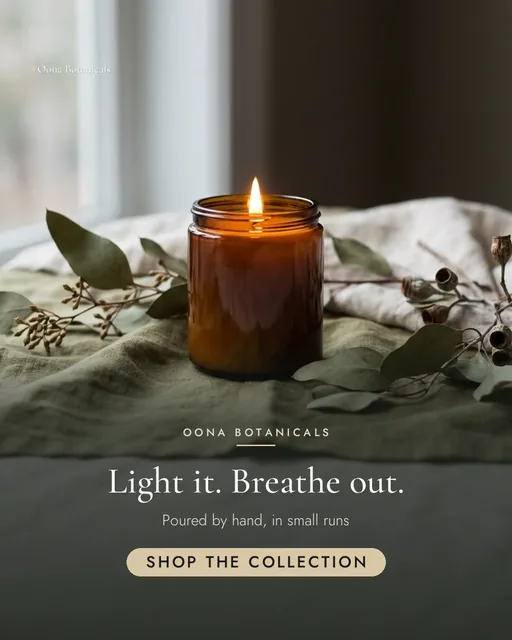 Oona Botanicals ad for Meta Feed vertical (4:5), positive framing: "Light it. Breathe out.", call to action "Shop the collection"