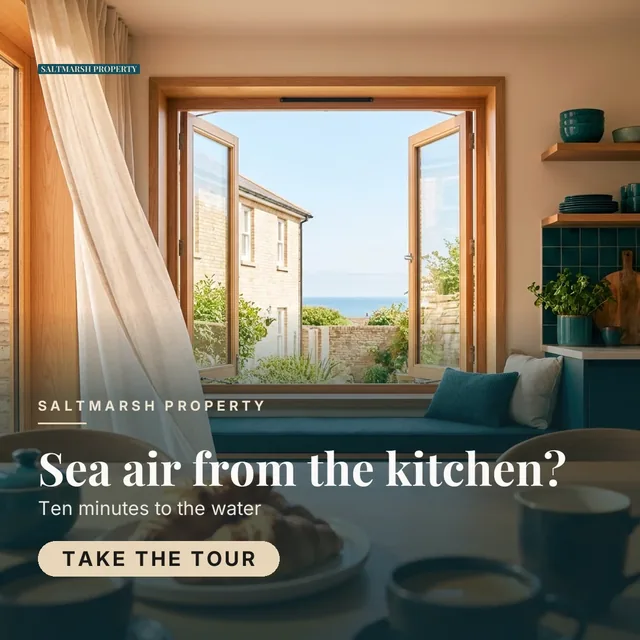 Saltmarsh Property ad for Meta Feed square (1:1), interrogative framing: "Sea air from the kitchen?", call to action "Take the tour"