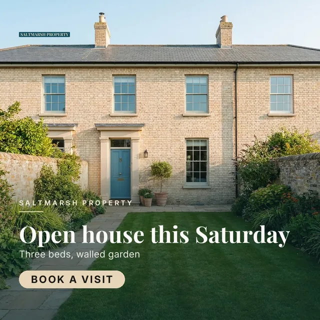 Saltmarsh Property ad for Meta Feed square (1:1), positive framing: "Open house this Saturday", call to action "Book a visit"