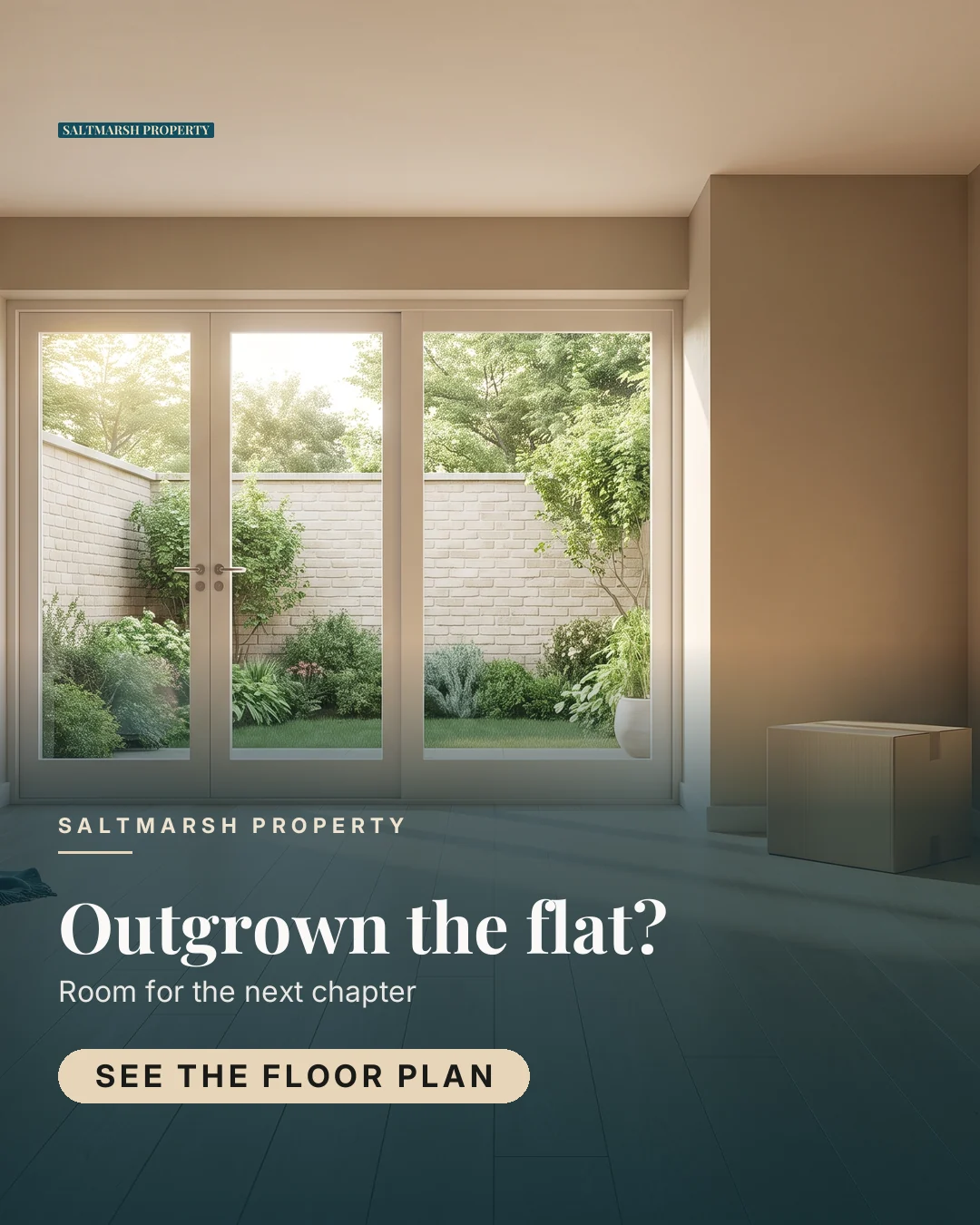 Saltmarsh Property ad for Meta Feed vertical (4:5), negative framing: "Outgrown the flat?", call to action "See the floor plan"