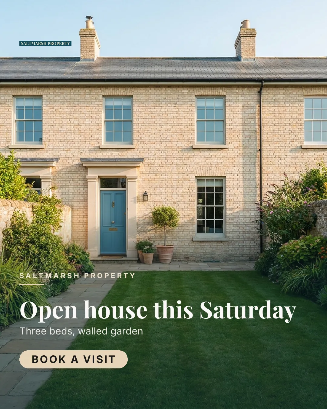 Saltmarsh Property ad for Meta Feed vertical (4:5), positive framing: "Open house this Saturday", call to action "Book a visit"