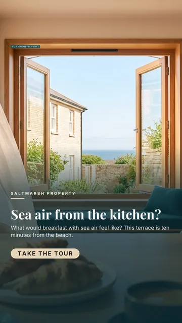Saltmarsh Property ad for Meta Story / Reel (9:16), interrogative framing: "Sea air from the kitchen?", call to action "Take the tour"