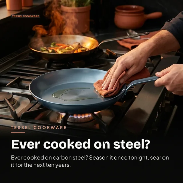 Tessel Cookware ad for Google Responsive Display (square) (1:1), interrogative framing: "Ever cooked on steel?"
