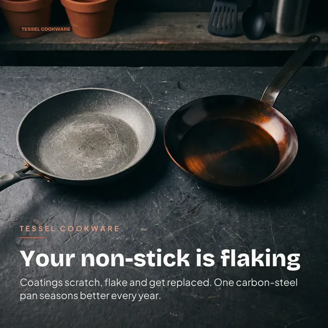 Tessel Cookware ad for Google Responsive Display (square) (1:1), negative framing: "Your non-stick is flaking"