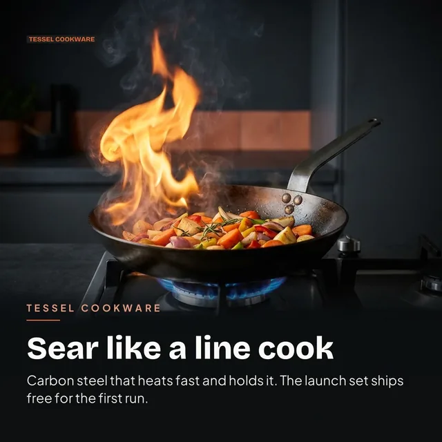 Tessel Cookware ad for Google Responsive Display (square) (1:1), positive framing: "Sear like a line cook"