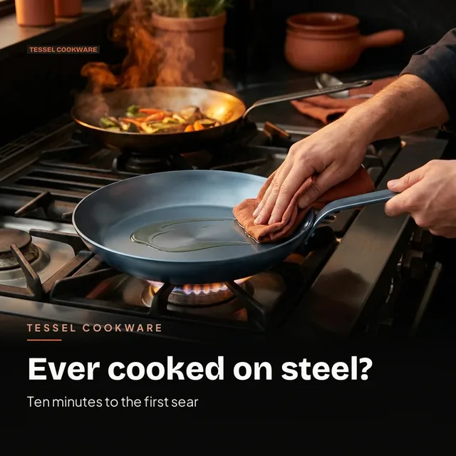 Tessel Cookware ad for Meta Carousel card (1:1), interrogative framing: "Ever cooked on steel?"