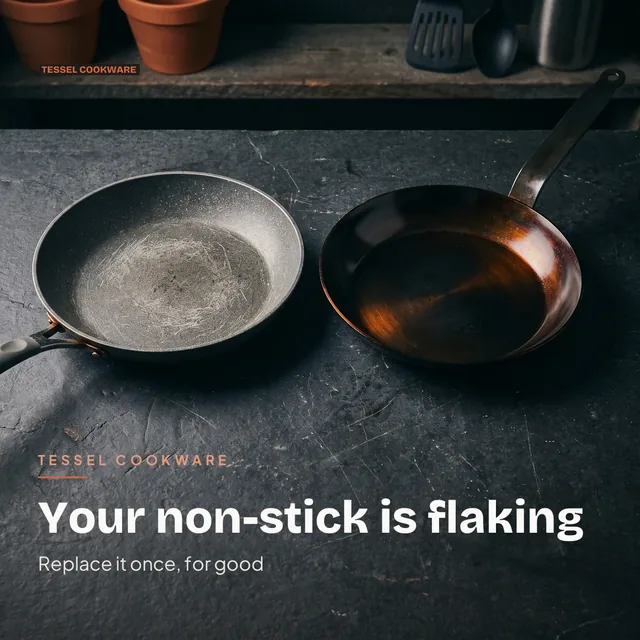 Tessel Cookware ad for Meta Carousel card (1:1), negative framing: "Your non-stick is flaking"