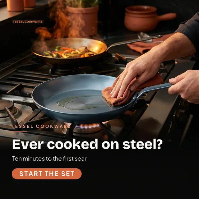 Tessel Cookware ad for Meta Feed square (1:1), interrogative framing: "Ever cooked on steel?", call to action "Start the set"