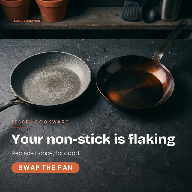 Tessel Cookware ad for Meta Feed square (1:1), negative framing: "Your non-stick is flaking", call to action "Swap the pan"