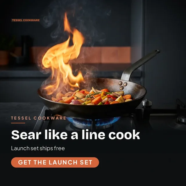 Tessel Cookware ad for Meta Feed square (1:1), positive framing: "Sear like a line cook", call to action "Get the launch set"
