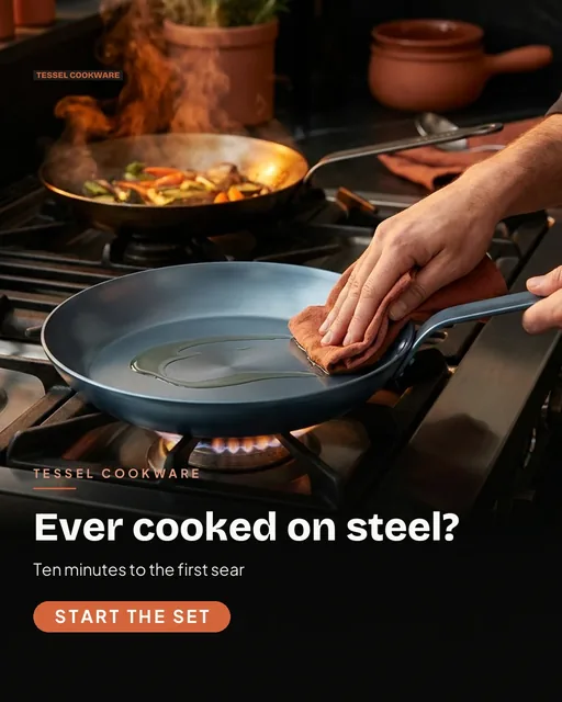 Tessel Cookware ad for Meta Feed vertical (4:5), interrogative framing: "Ever cooked on steel?", call to action "Start the set"