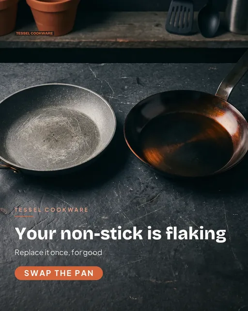 Tessel Cookware ad for Meta Feed vertical (4:5), negative framing: "Your non-stick is flaking", call to action "Swap the pan"