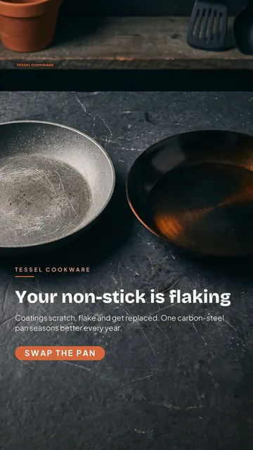 Tessel Cookware ad for Meta Story / Reel (9:16), negative framing: "Your non-stick is flaking", call to action "Swap the pan"