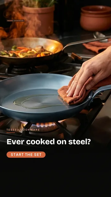 Tessel Cookware ad for TikTok In-feed (9:16), interrogative framing: "Ever cooked on steel?", call to action "Start the set"